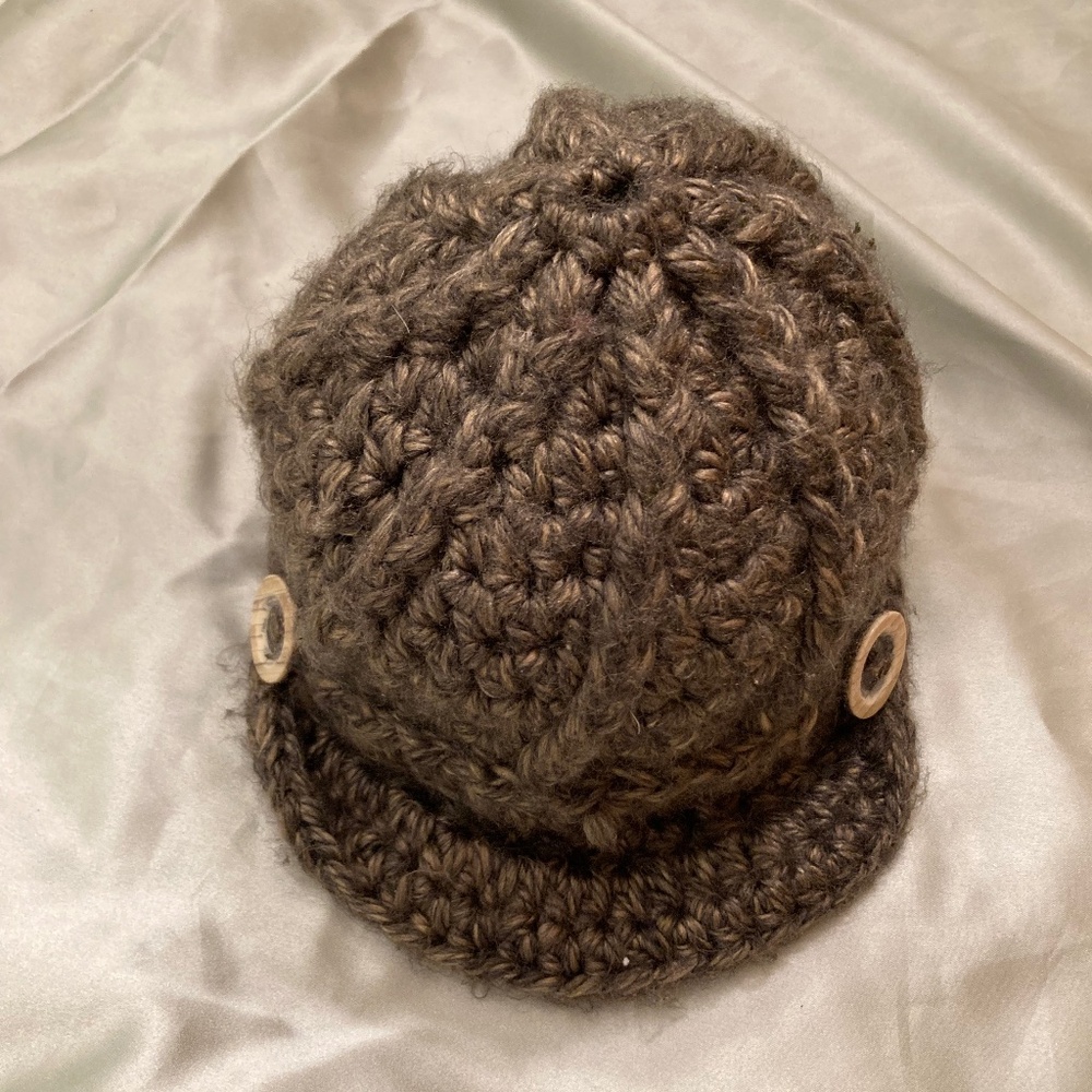 Handmade Knit Brown Taupe Hat Cap with Two Buttons Women’s One Size Very Cute